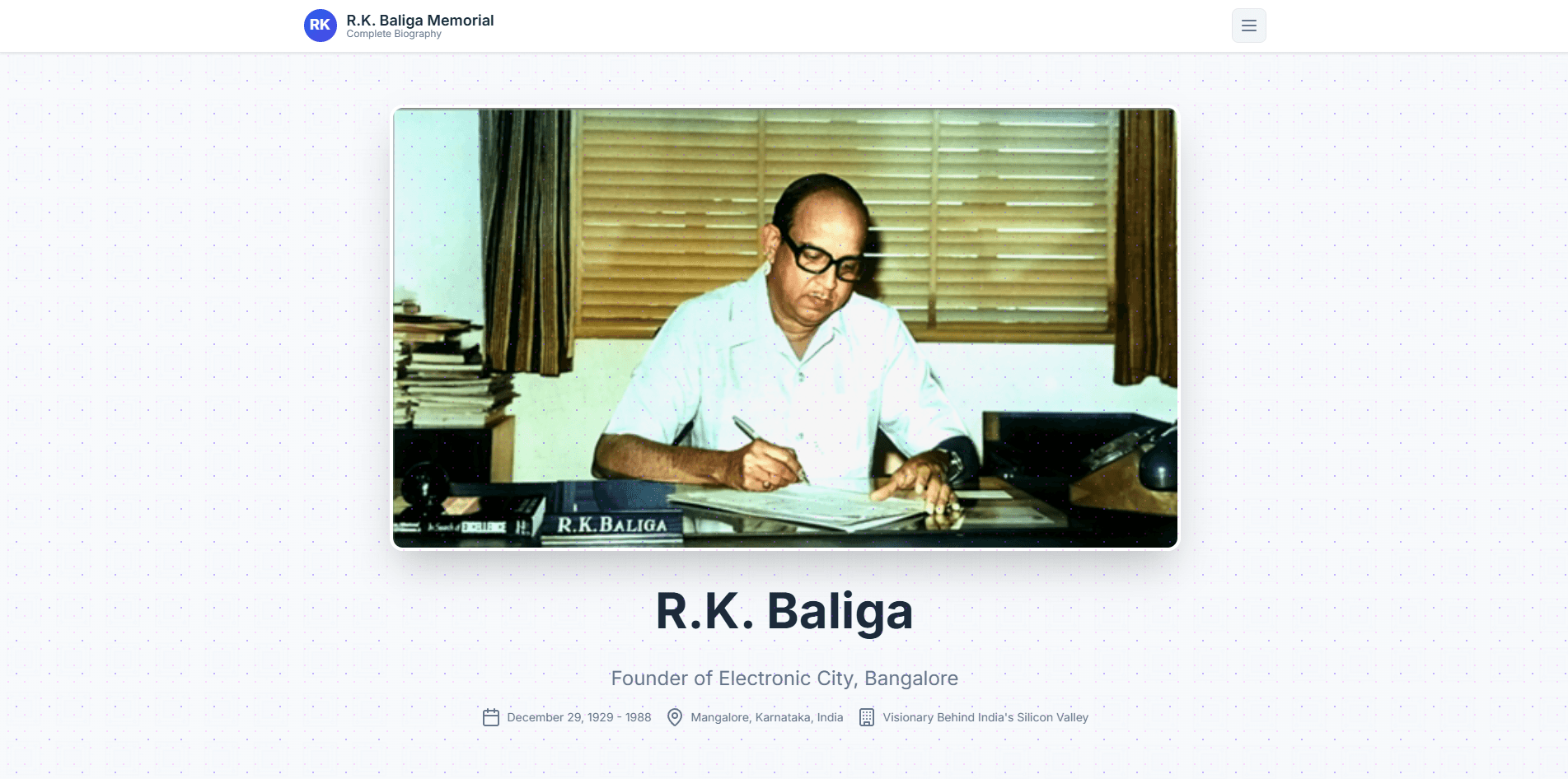 RK Baliga Legacy Website screenshot